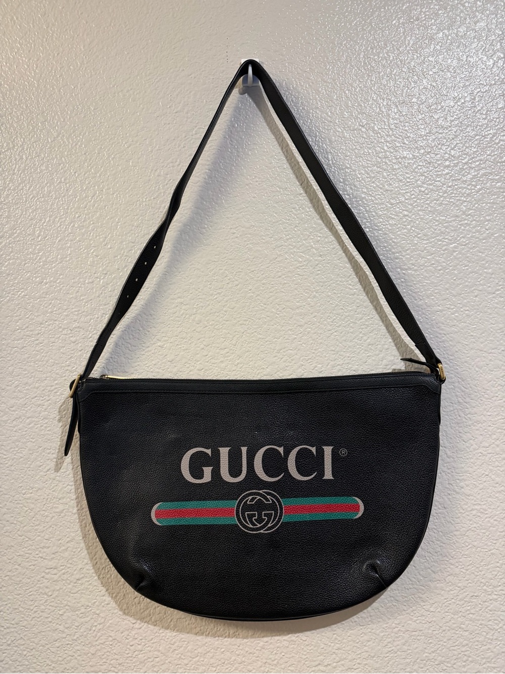 Gucci Black Leather Logo Messenger Bag